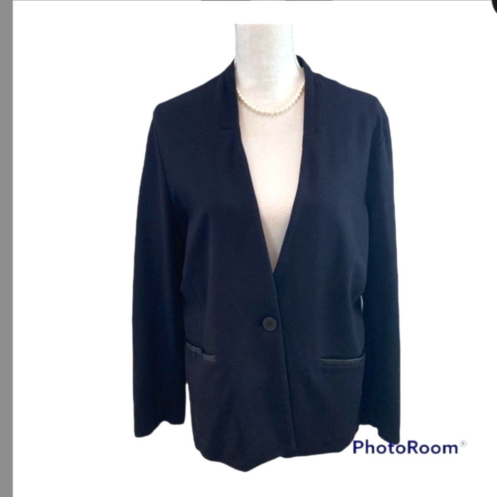 Liz Claiborne Career Black Blazer Faux Leather Trim Size M